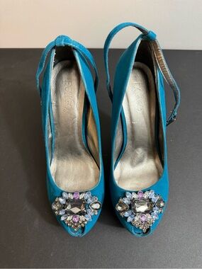 BONGO Teal Gemstone Peep-Toe Slingback Heels